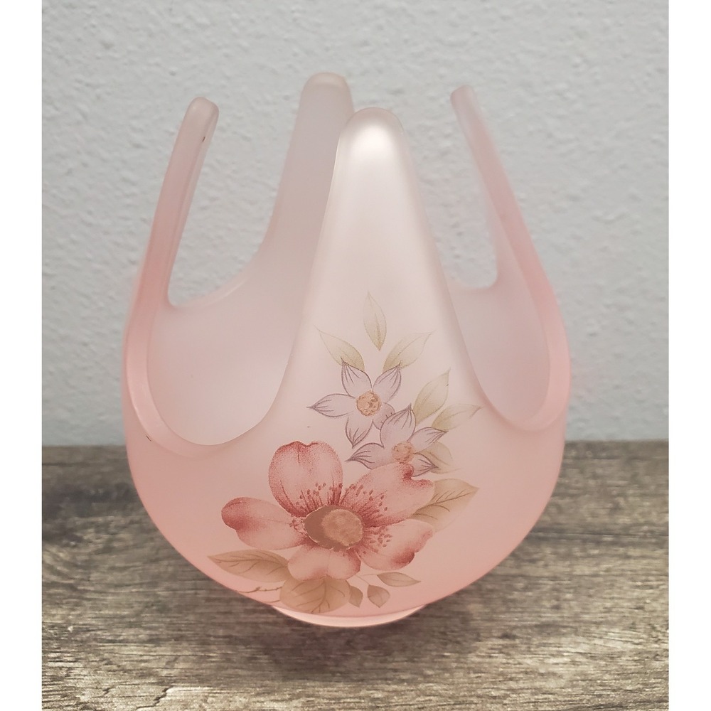 Vintage Viking Glass Flower Tree Crystal Satin Pink Patio Lite Candle Holder EUC